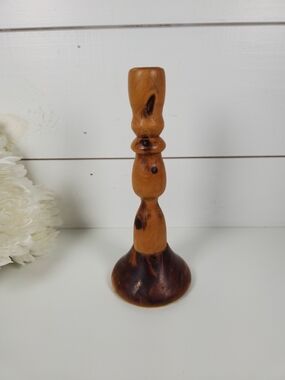 Vintage Hand Turned Two Toned Wood Candle Holder - Mid Century Boho Style